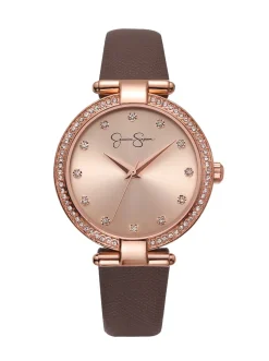 Jessica Simpson Crystal Bezel Brown Strap Watch In Tone< Watches