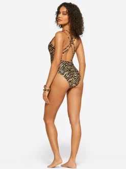 Jessica Simpson Plunge One Piece In Black Multi< Swim|One Piece Swim