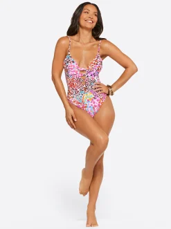 Jessica Simpson Plunge One Piece In Pink Multi< Swim|One Piece Swim