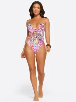 Jessica Simpson Plunge One Piece In Pink Multi< Swim|One Piece Swim