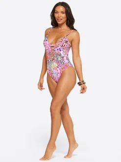 Jessica Simpson Plunge One Piece In Pink Multi< Swim|One Piece Swim