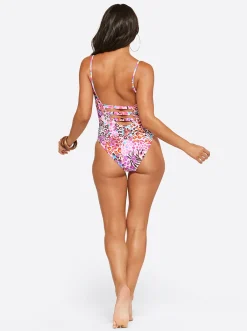 Jessica Simpson Plunge One Piece In Pink Multi< Swim|One Piece Swim