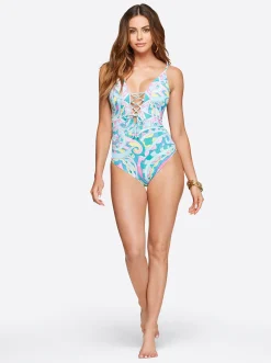 Jessica Simpson Lace Front One Piece In < Swim|One Piece Swim