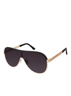 Jessica Simpson Metal Shield Aviator Pilot Sunglasses In Gold & Black< Sunglasses