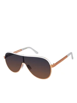Jessica Simpson Metal Shield Aviator Pilot Sunglasses In Rose Gold & White< Sunglasses