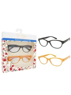 Jessica Simpson Set Of 2 Cat-Eye Blue Light Readers In Black & Crystal Butterscotch< Readers