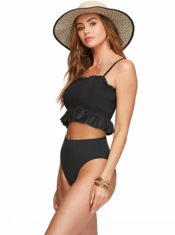 Jessica Simpson Solid Smocked Bandeau Top In < Swim|Two Piece Swim