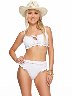 Jessica Simpson Stripe Crochet Ruffle Bikini Top In < Swim|Two Piece Swim
