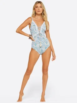 Jessica Simpson Lace Front One Piece In White Multi< Swim|One Piece Swim