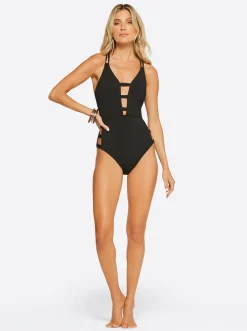 Jessica Simpson Textured Solids Plunge One Piece In < Swim|One Piece Swim