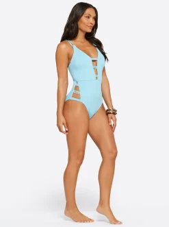 Jessica Simpson Textured Solids Plunge One Piece In < Swim