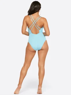 Jessica Simpson Textured Solids Plunge One Piece In < Swim