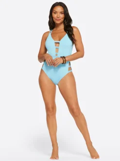 Jessica Simpson Textured Solids Plunge One Piece In < Swim